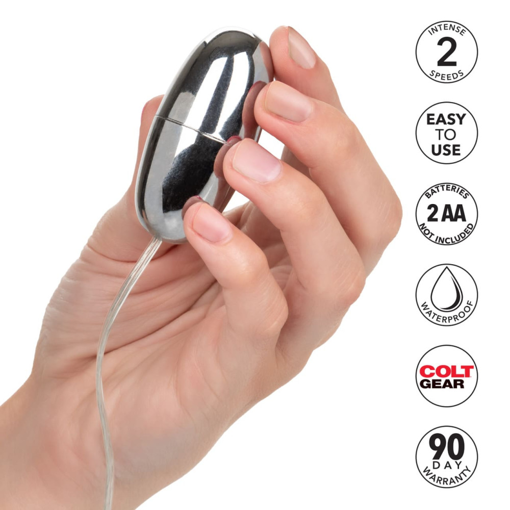 Вагінальні кульки та тренажери - Вібратор-яйце з дротовим пультом COLT Xtreme, сріблястий, 5,7 × 2,5 см 8