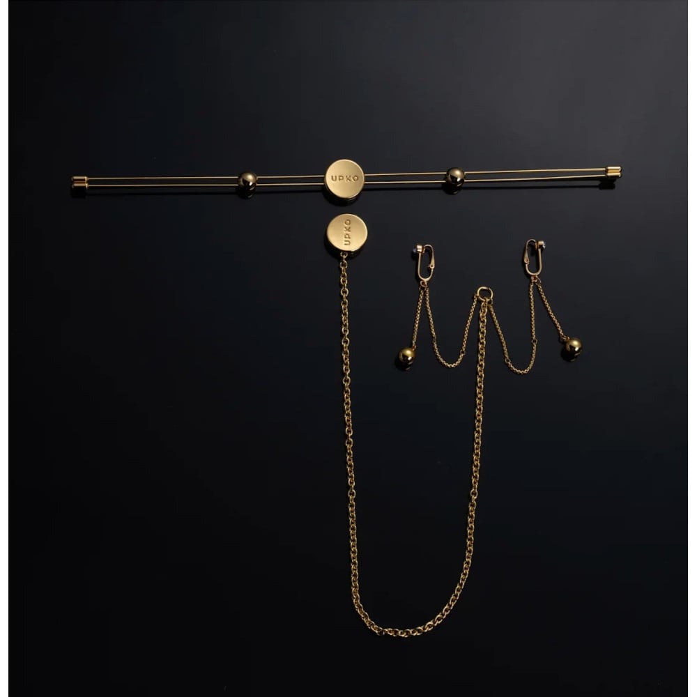 Різне - Затискачі для сосків з вібрацією UPKO Double Bar Vibration Nipple та кліторальний ланцюг, золотисті 4