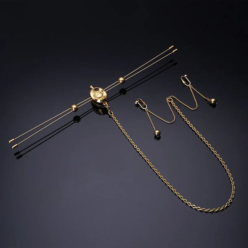 Різне - Затискачі для сосків з вібрацією UPKO Double Bar Vibration Nipple та кліторальний ланцюг, золотисті 5