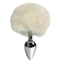 Анальная пробка ALUME, S, металлическая серебристая с белым пушком, 7 х 2,8 см