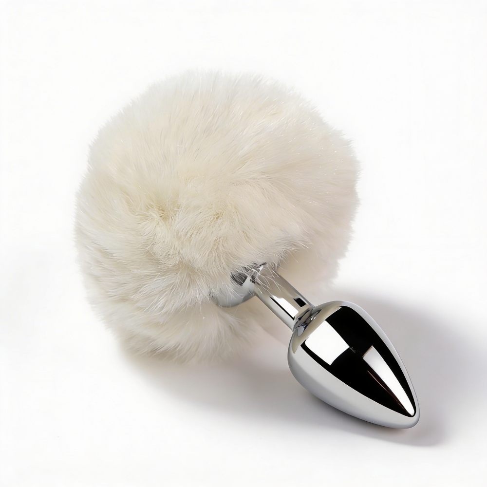 Анальные игрушки без вибрации - Анальная пробка ALUME, S, металлическая серебристая с белым пушком, 7 х 2,8 см 6