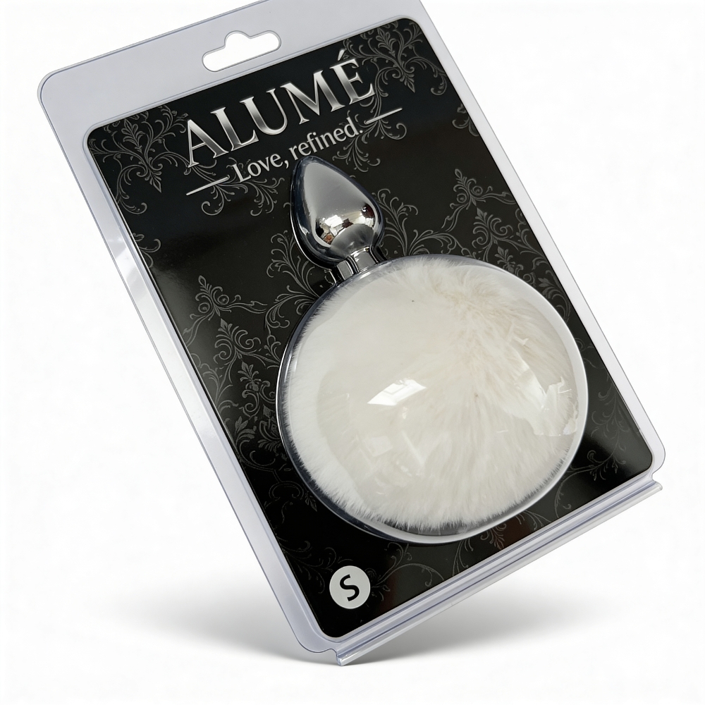 Анальные игрушки без вибрации - Анальная пробка ALUME, S, металлическая серебристая с белым пушком, 7 х 2,8 см 8
