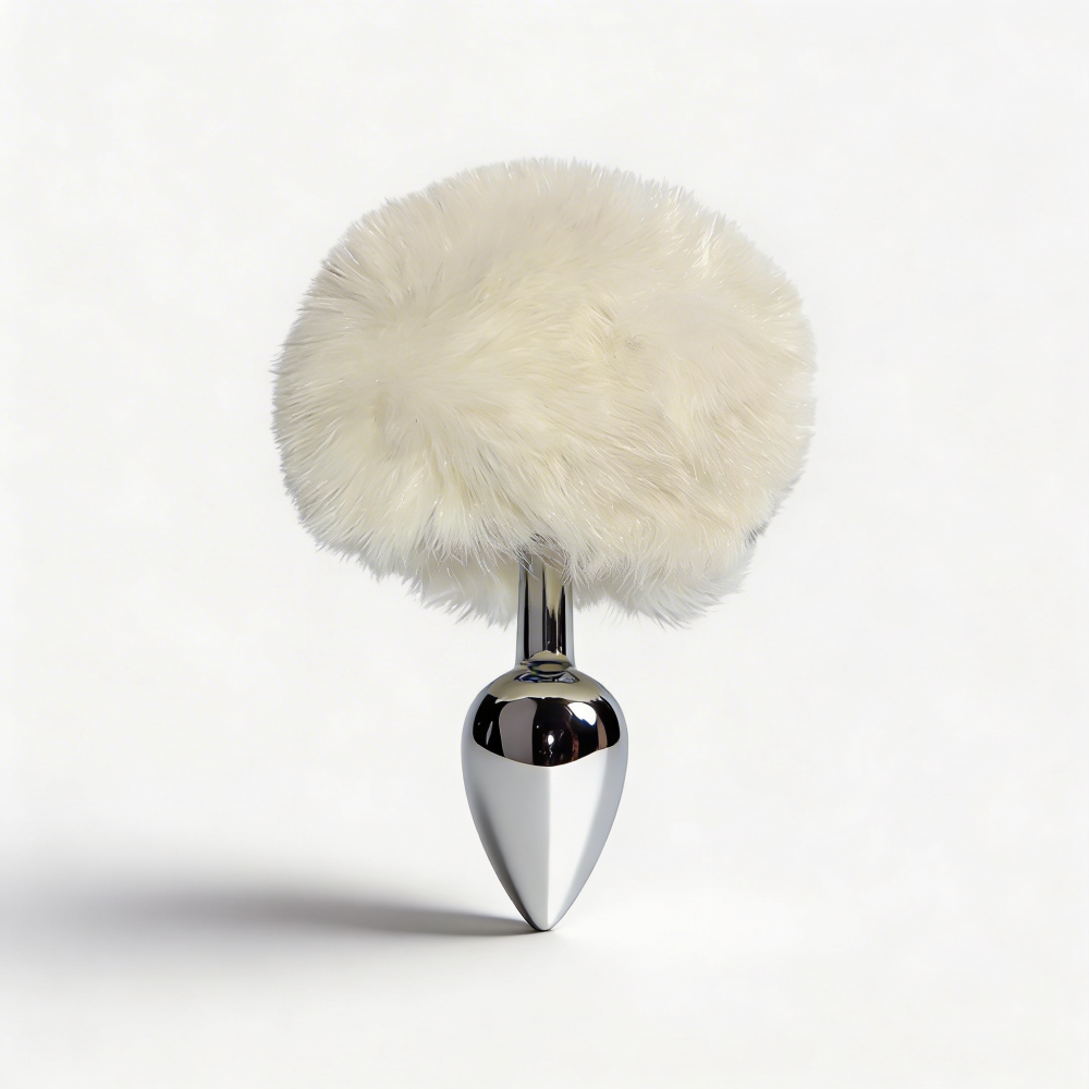 Анальные игрушки без вибрации - Анальная пробка ALUME, S, металлическая серебристая с белым пушком, 7 х 2,8 см 3