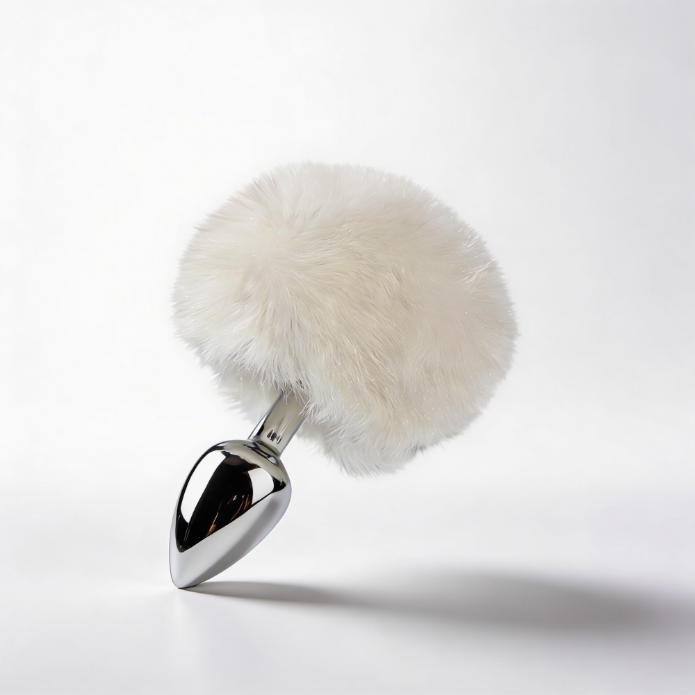 Анальные игрушки без вибрации - Анальная пробка ALUME, S, металлическая серебристая с белым пушком, 7 х 2,8 см 7