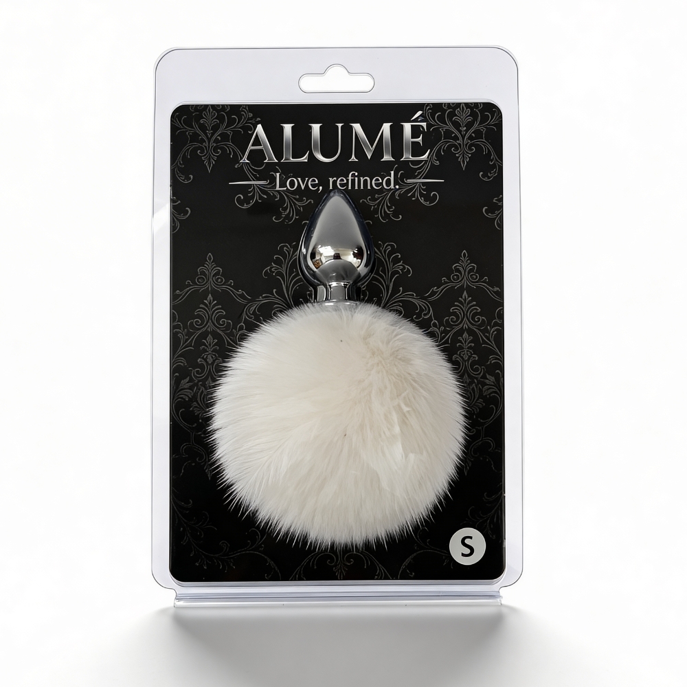 Анальные игрушки без вибрации - Анальная пробка ALUME, S, металлическая серебристая с белым пушком, 7 х 2,8 см 1
