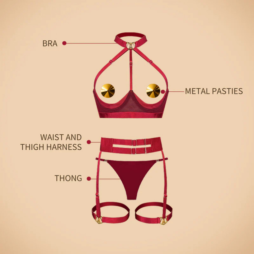 Різне - Комплект білизни UPKO Lingerie Set із золотими пестісами, червоний, One Size 8