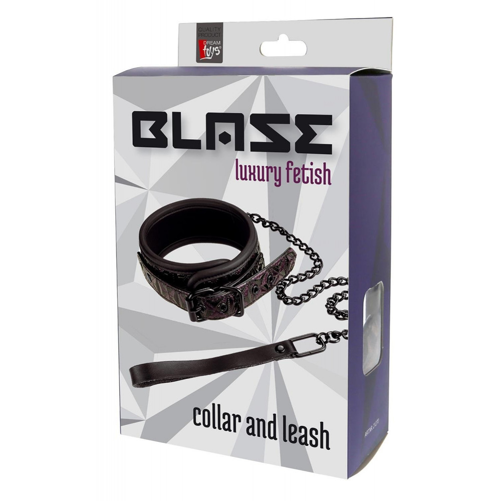  - Ошейник с поводком с фиолетовым тиснением Dream toys BLAZE Luxury Fetish на цепочке черного цвета