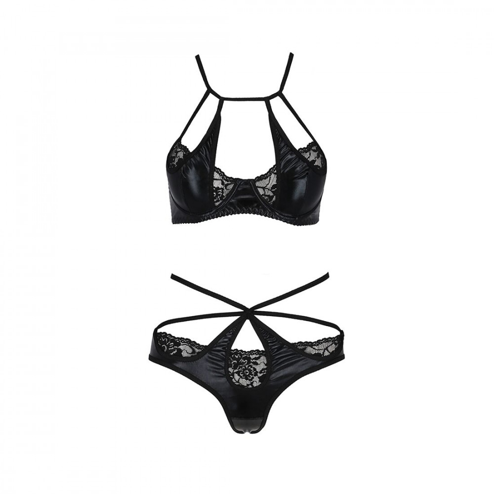 Эротические комплекты - Комплект белья Passion NAVEL SET black L/XL Black, трусики, лиф, кружевные и латексные вставки 2