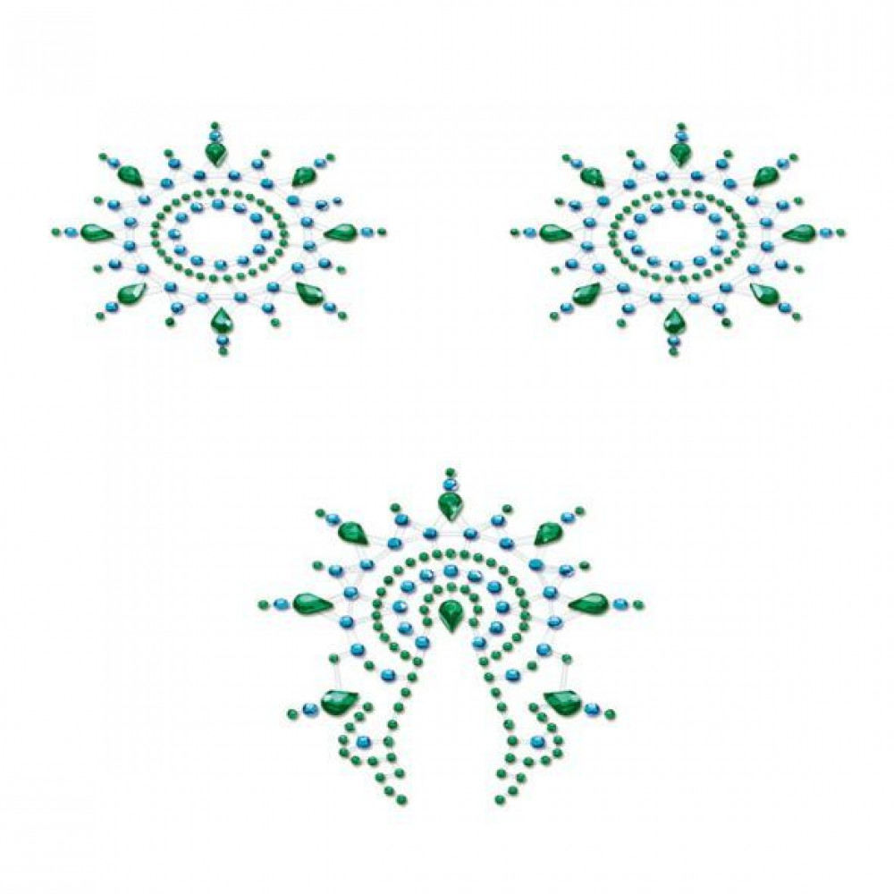 Интимные украшения - Пэстис из кристаллов Petits Joujoux Gloria set of 3 - Green/Blue, украшение на грудь и вульву