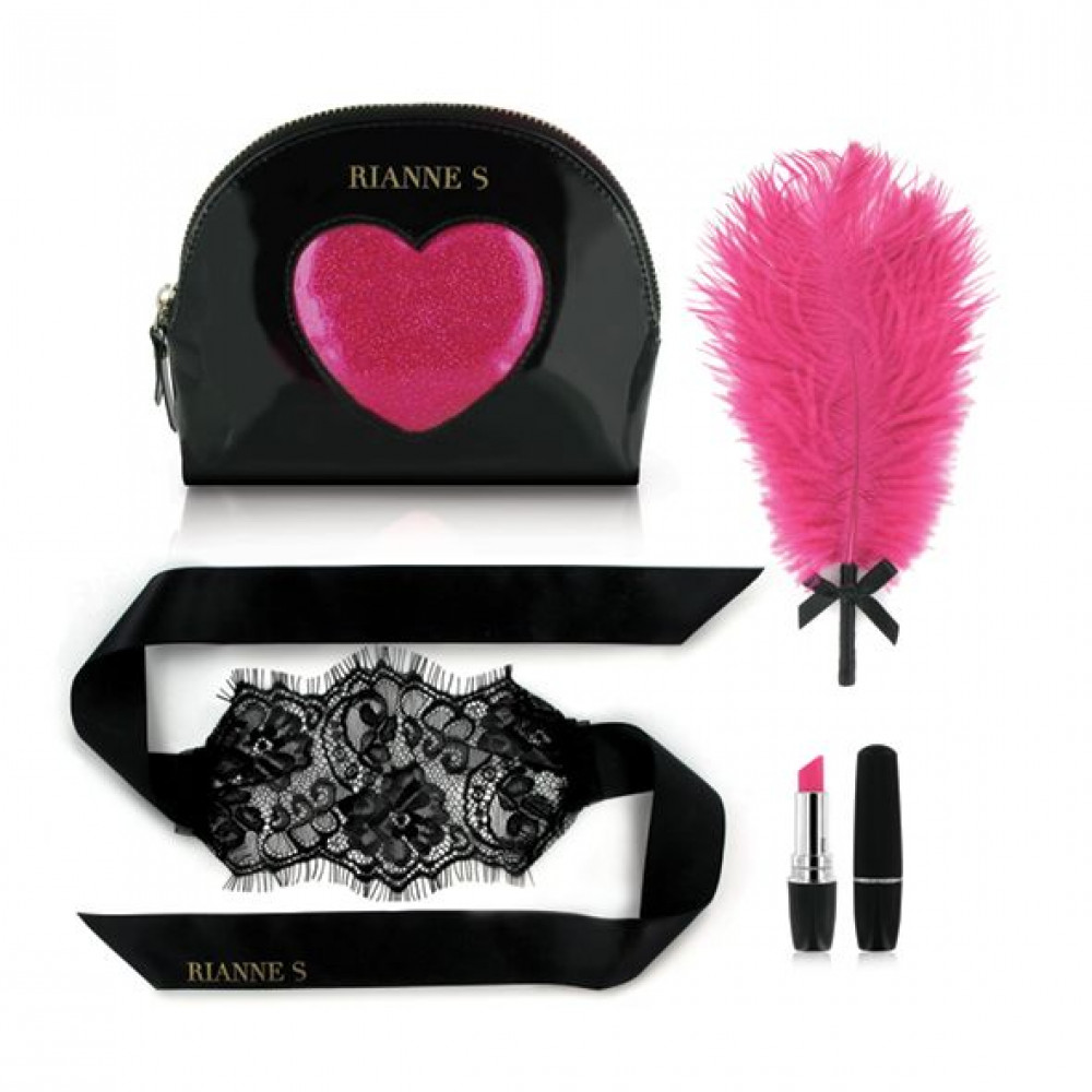Подарочные наборы - Романтический набор Rianne S: Kit d'Amour: вибропуля, перышко, маска, чехол-косметичка Black/Pink