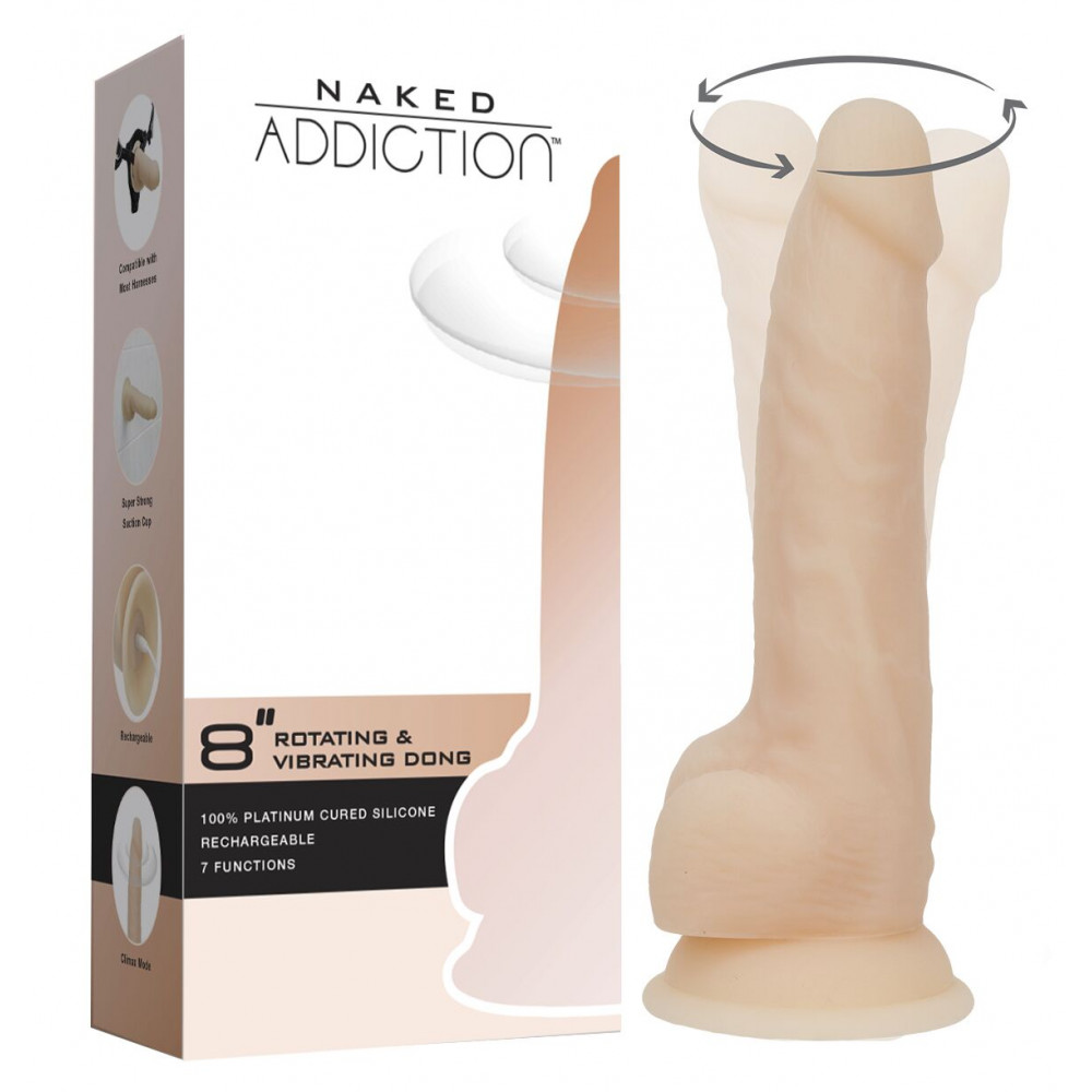Фаллоимитаторы - Фаллоимитатор с вибрацией и ротацией Naked ADDICTION James 8″ Rotating & Vibrating Dong, пульт ДУ 7