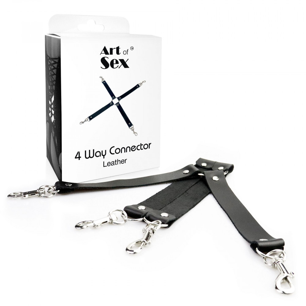 Наручники, веревки, бондажы, поножи - Крестовина из натуральной кожи Art of Sex - 4 Way Connector, Черный 2