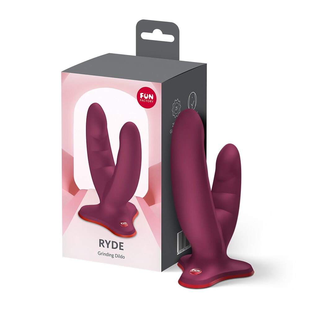 Двосторонні ділдо та фалоімітатори - Подвійний фалоімітатор Fun Factory RYDE Wine Red, гнучкі стовбури, присоска 5