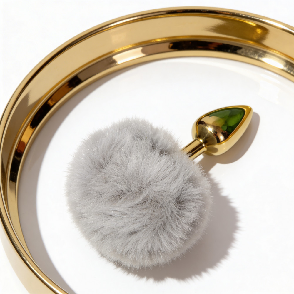 Анальные игрушки без вибрации - Анальная пробка ALUME, S, металлическая золотистая с серым пушком, 7 х 2,8 см 5