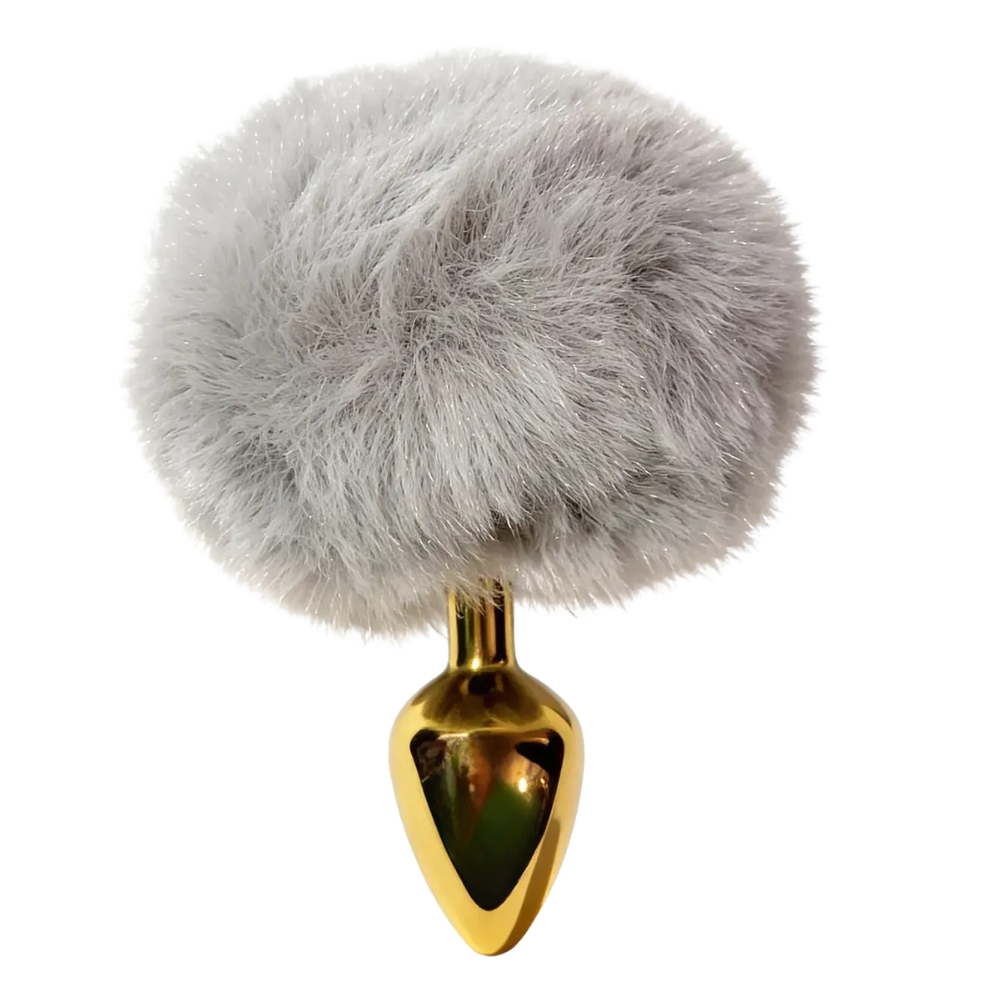 Анальные игрушки без вибрации - Анальная пробка ALUME, S, металлическая золотистая с серым пушком, 7 х 2,8 см