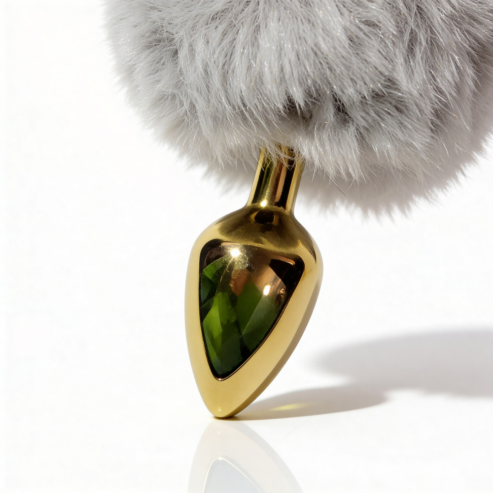 Анальные игрушки без вибрации - Анальная пробка ALUME, S, металлическая золотистая с серым пушком, 7 х 2,8 см 7