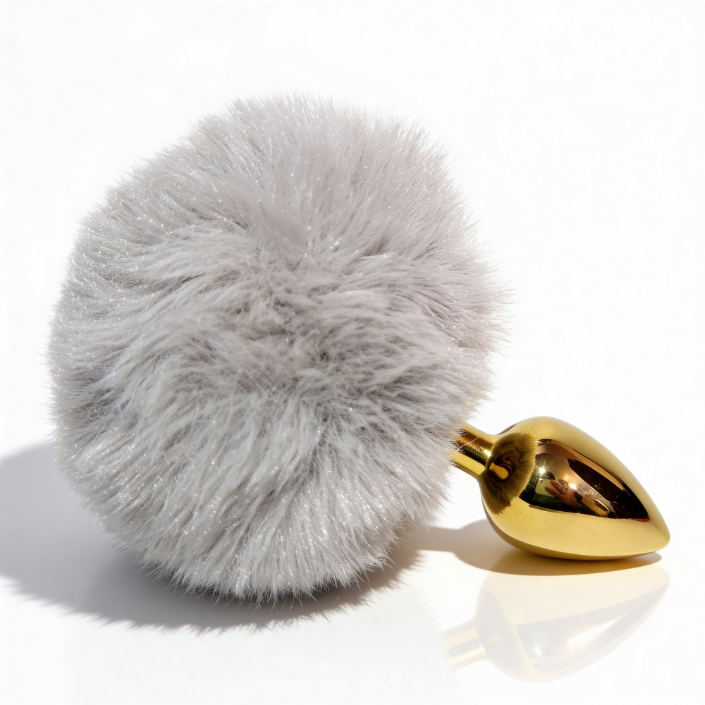 Анальные игрушки без вибрации - Анальная пробка ALUME, S, металлическая золотистая с серым пушком, 7 х 2,8 см 2