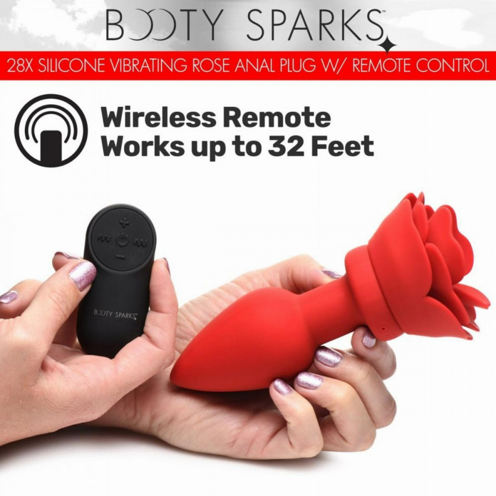Секс игрушки - Анальная пробка с вибрацией и пультом Booty Sparks, со стоппером в виде розы, силиконовая, красная 3