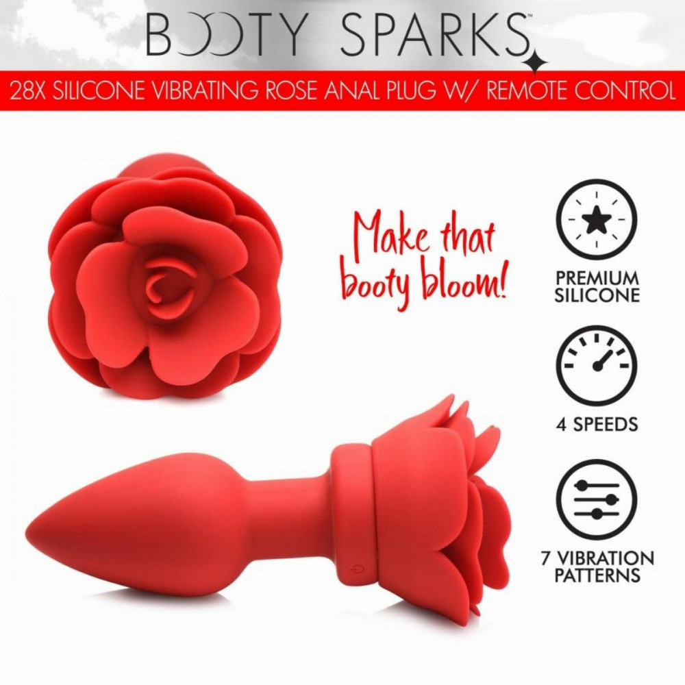 Секс игрушки - Анальная пробка с вибрацией и пультом Booty Sparks, со стоппером в виде розы, силиконовая, красная 4