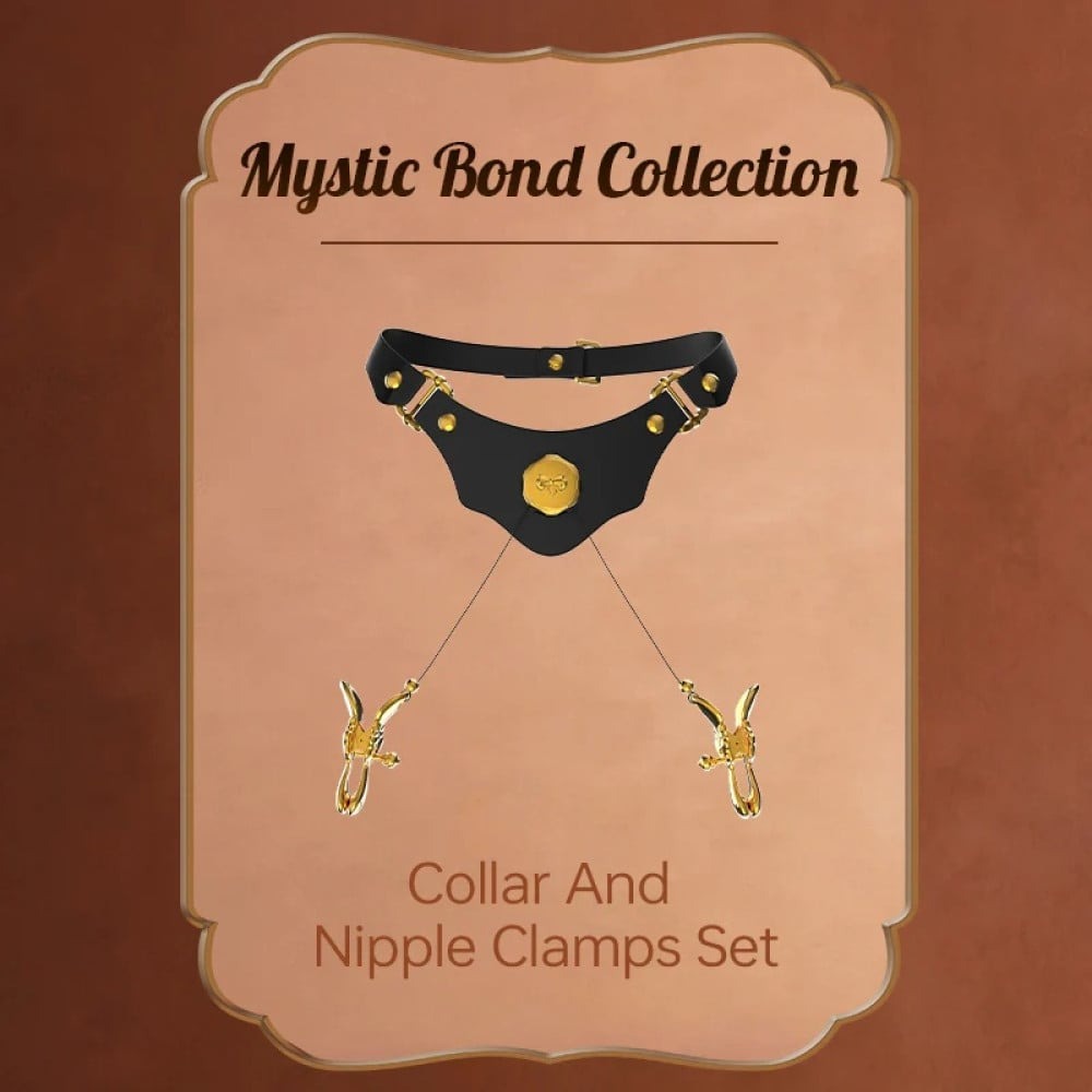 - Нашийник чорний зі шкіри UPKO Mystic Bond Collection із затискачами для сосків 10