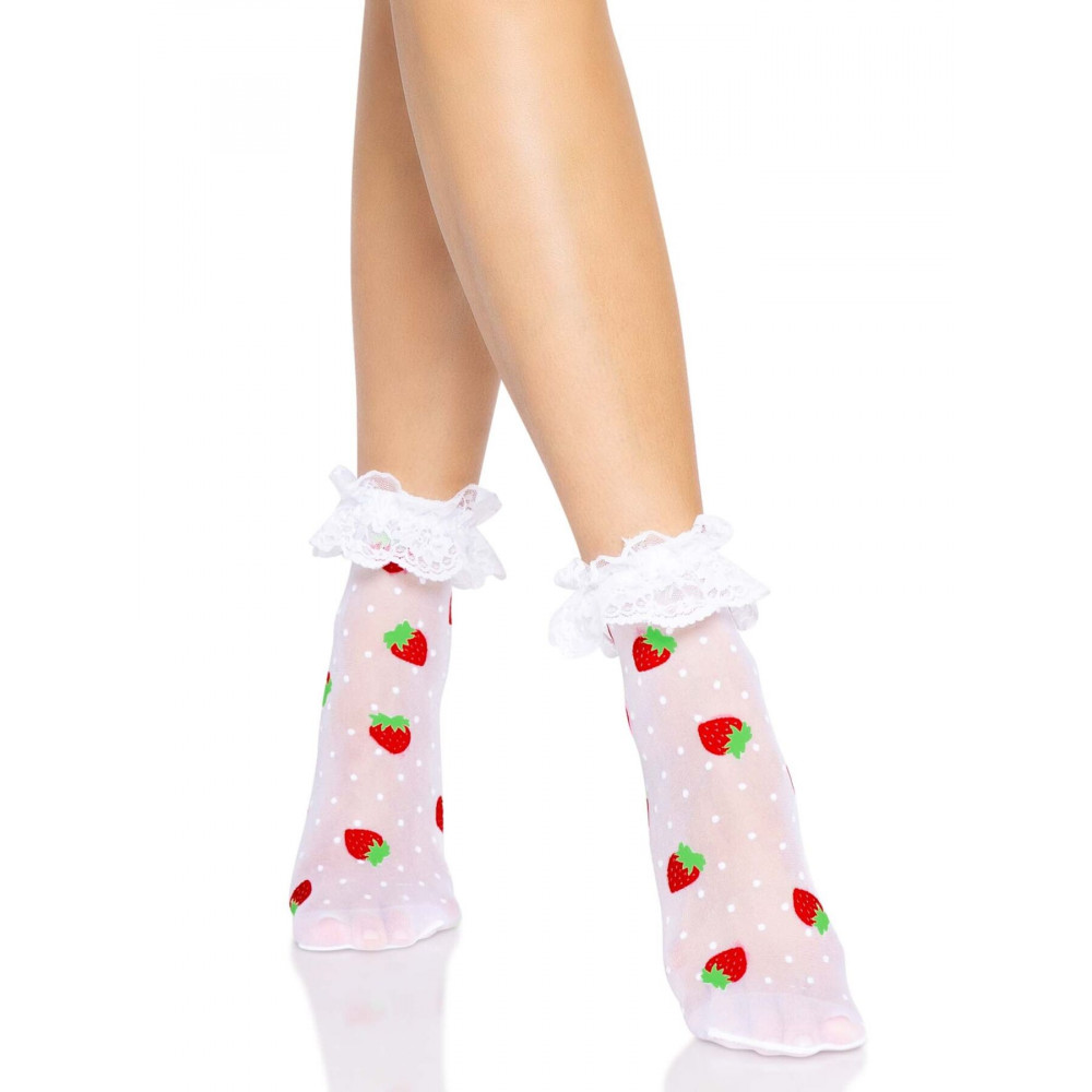 Чулки - Носки женские с клубничным принтом Leg Avenue Strawberry ruffle top anklets One size, кружевные манж 6