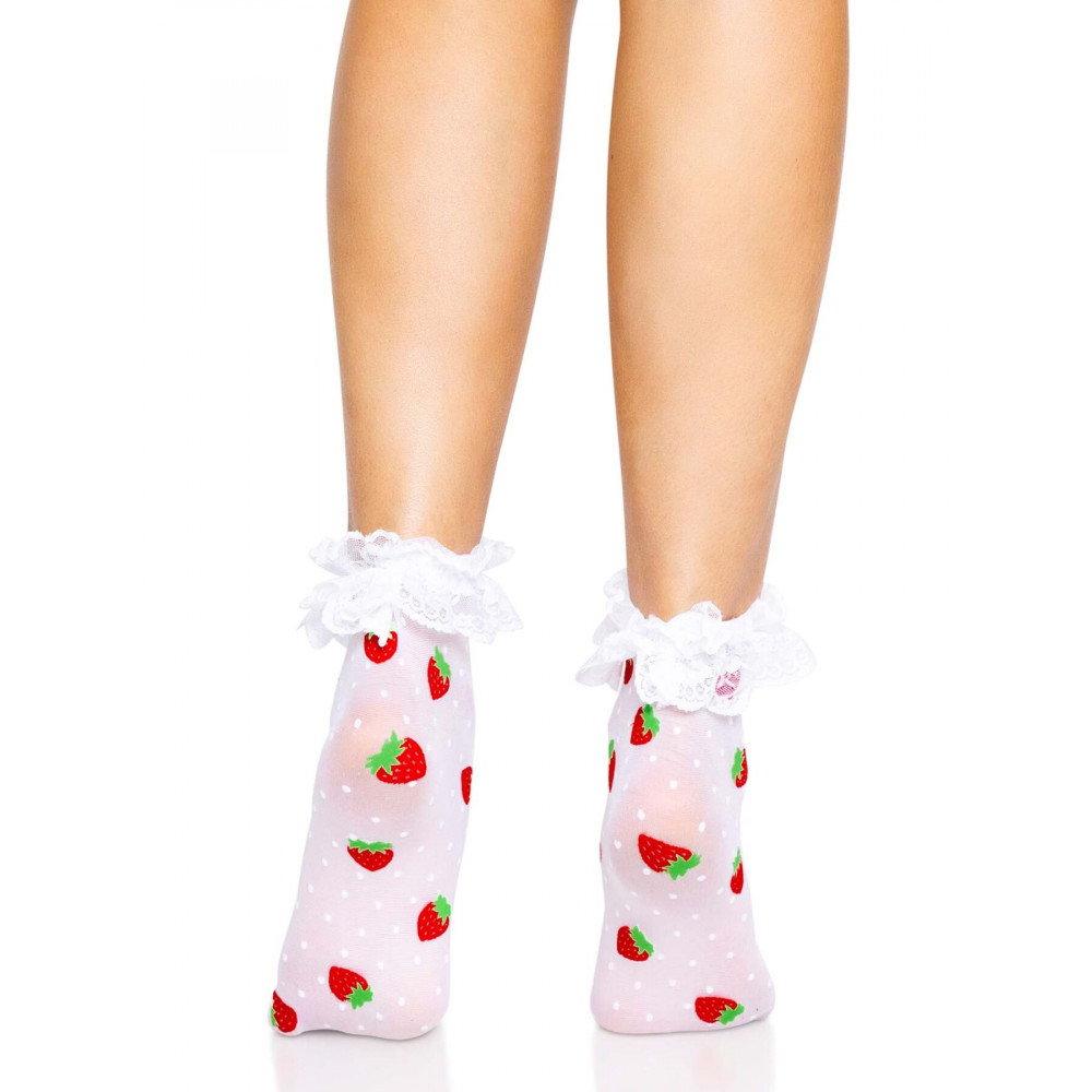Чулки - Носки женские с клубничным принтом Leg Avenue Strawberry ruffle top anklets One size, кружевные манж 5