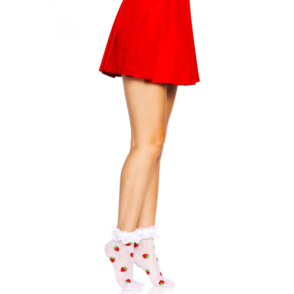 Чулки - Носки женские с клубничным принтом Leg Avenue Strawberry ruffle top anklets One size, кружевные манж 2