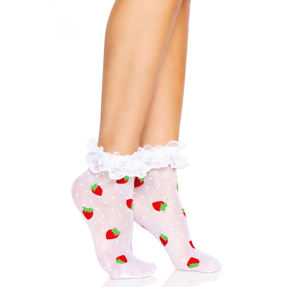 Чулки - Носки женские с клубничным принтом Leg Avenue Strawberry ruffle top anklets One size, кружевные манж 4