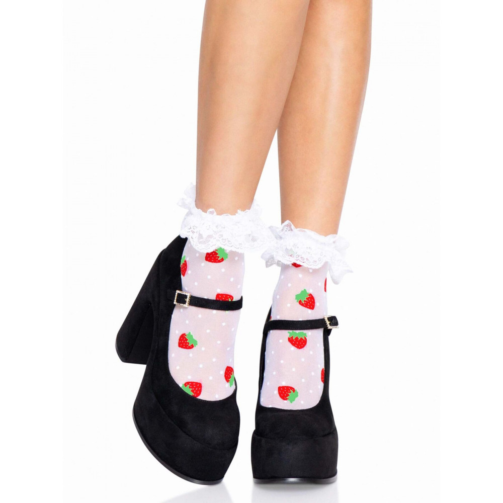 Чулки - Носки женские с клубничным принтом Leg Avenue Strawberry ruffle top anklets One size, кружевные манж
