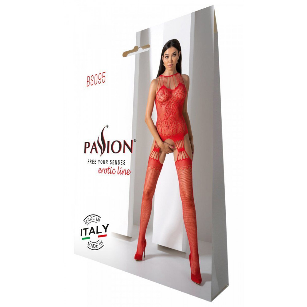 Бодистокинг - Бодистокинг с множеством бретелей Passion BS095 One Size, red, имитация пояса и чулок, с доступом 4