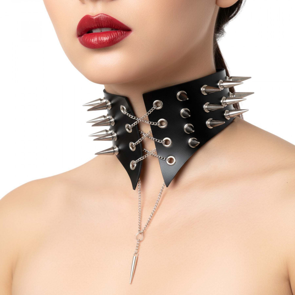  - Чокер комір з шипами Art of Sex - Ariadne, натуральна шкіра, колір чорний, L-2XL 1