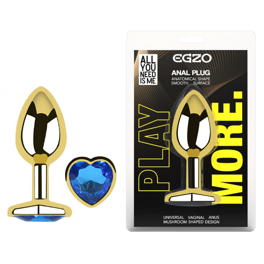Анальные игрушки без вибрации - Анальная пробка с кристаллом EGZO - Gold Heart Plug Blue size S