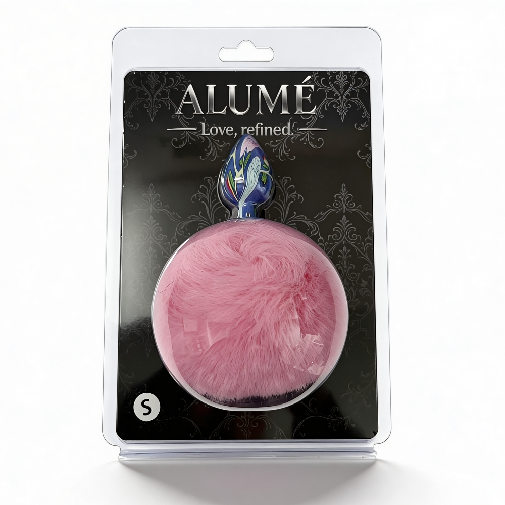 Анальные игрушки без вибрации - Анальная пробка с узором ALUME, S, металлическая синяя с розовым пушком, 7 х 2,8 см 1