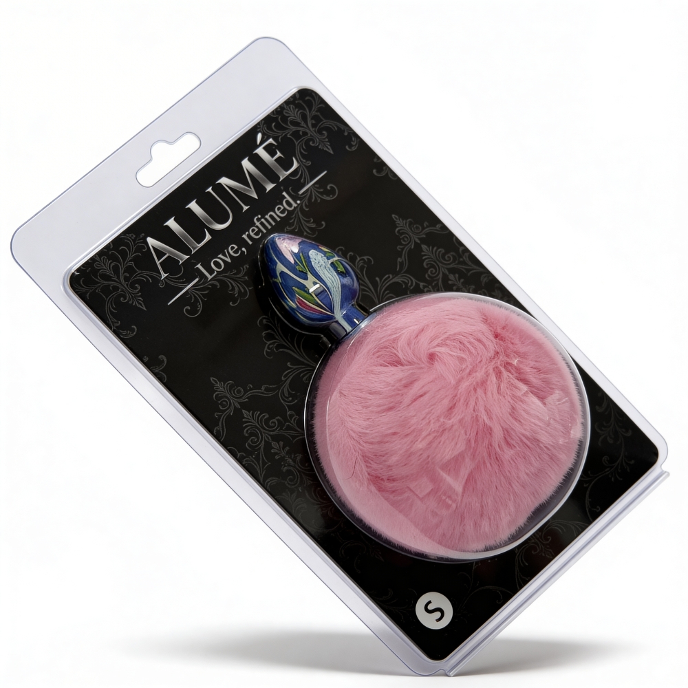 Анальные игрушки без вибрации - Анальная пробка с узором ALUME, S, металлическая синяя с розовым пушком, 7 х 2,8 см 9