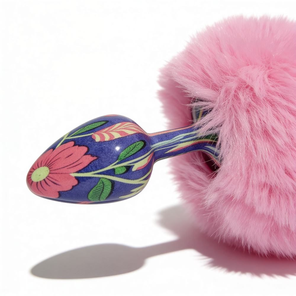 Анальные игрушки без вибрации - Анальная пробка с узором ALUME, S, металлическая синяя с розовым пушком, 7 х 2,8 см 8