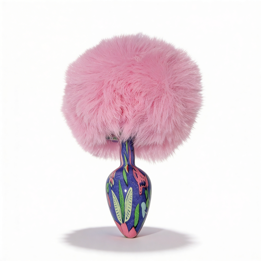 Анальные игрушки без вибрации - Анальная пробка с узором ALUME, S, металлическая синяя с розовым пушком, 7 х 2,8 см 3