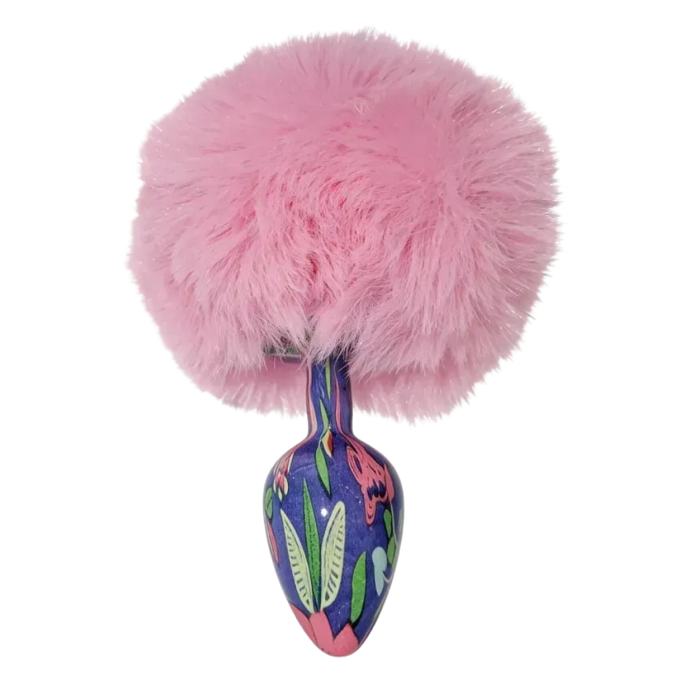 Анальные игрушки без вибрации - Анальная пробка с узором ALUME, S, металлическая синяя с розовым пушком, 7 х 2,8 см