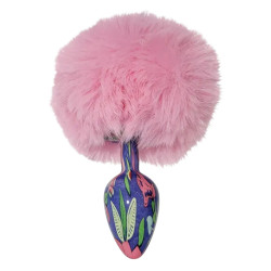 Анальная пробка с узором ALUME, S, металлическая синяя с розовым пушком, 7 х 2,8 см