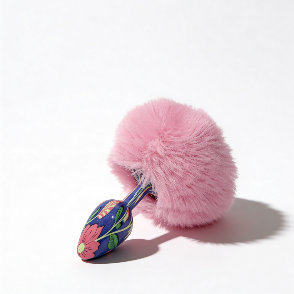 Анальные игрушки без вибрации - Анальная пробка с узором ALUME, S, металлическая синяя с розовым пушком, 7 х 2,8 см 5