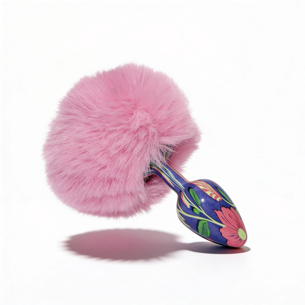 Анальные игрушки без вибрации - Анальная пробка с узором ALUME, S, металлическая синяя с розовым пушком, 7 х 2,8 см 4