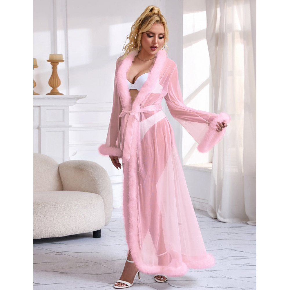 Різне - Халатик напівпрозорий Star Night з імітацією хутра та поясом, рожевий, XL-2XL 3