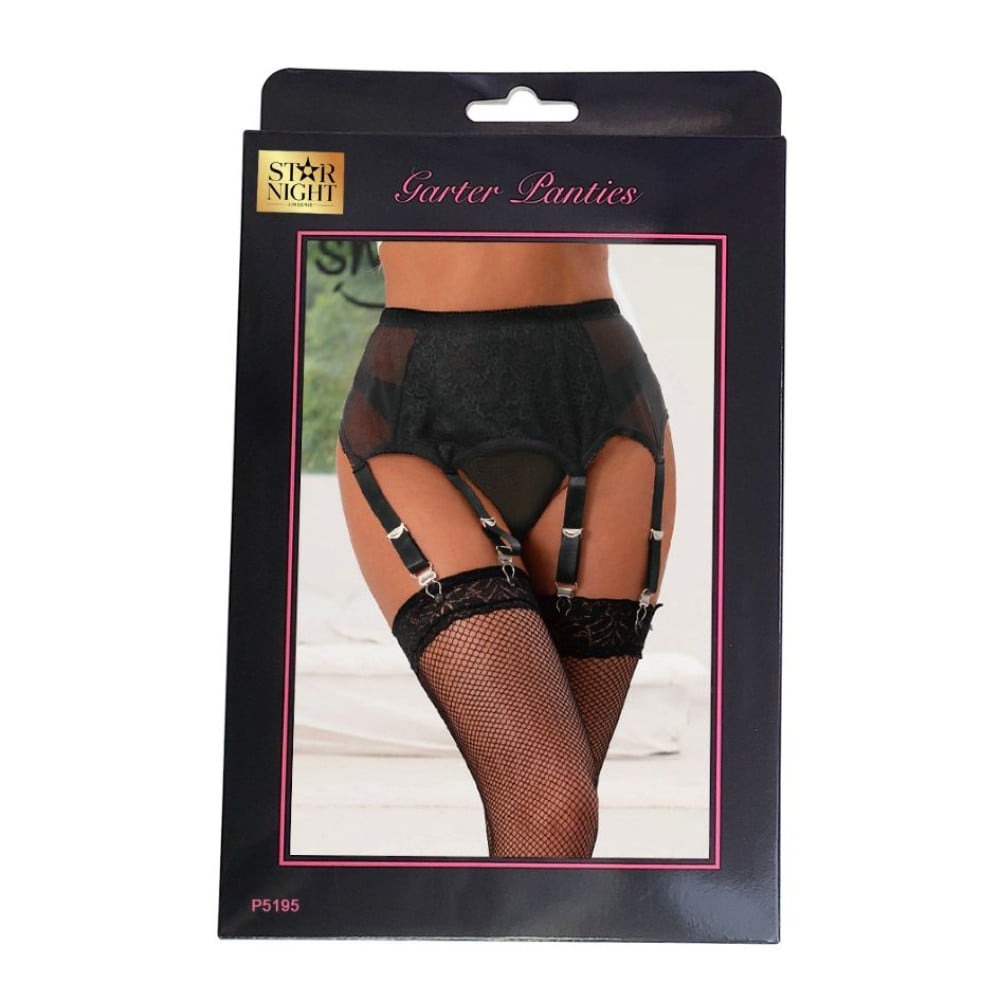 Різне - Мереживний пояс для панчіх Star Night з трусиками стрінгами, чорний 3