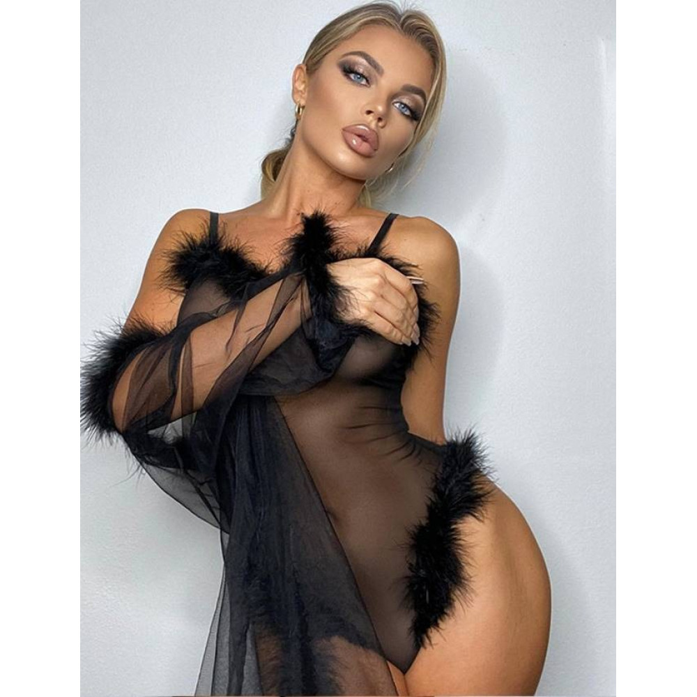 Різне - Чорне боді Star Night зі штучним лебединим пухом, XL 1