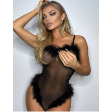 Чорне боді Star Night зі штучним лебединим пухом, XL