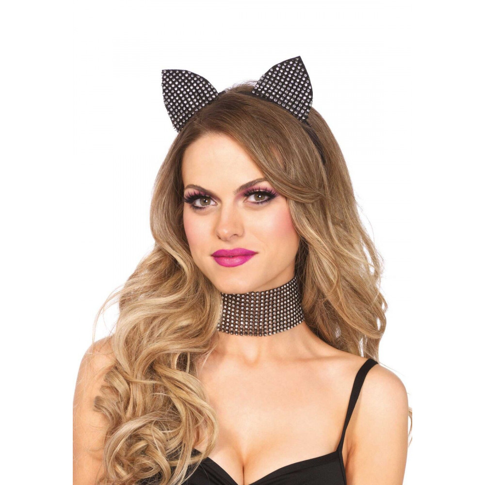 Маски - Набор кошечки со стразами Leg Avenue Cat ear headband & choker set, широкий чокер и ушки