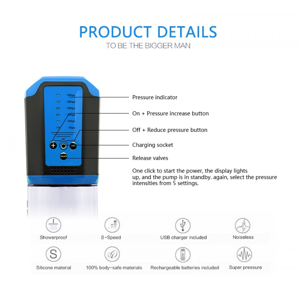 Помпы - Автоматическая вакуумная помпа с зарядкой от USB CANWIN Passion Pump Men BLUE - P638AU 5