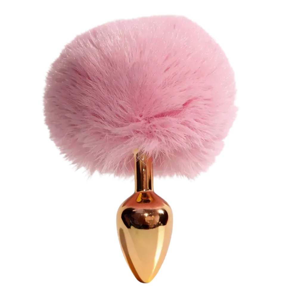Анальные игрушки без вибрации - Анальная пробка ALUME, S, металлическая золотистая с розовым пушком, 7 х 2,8 см