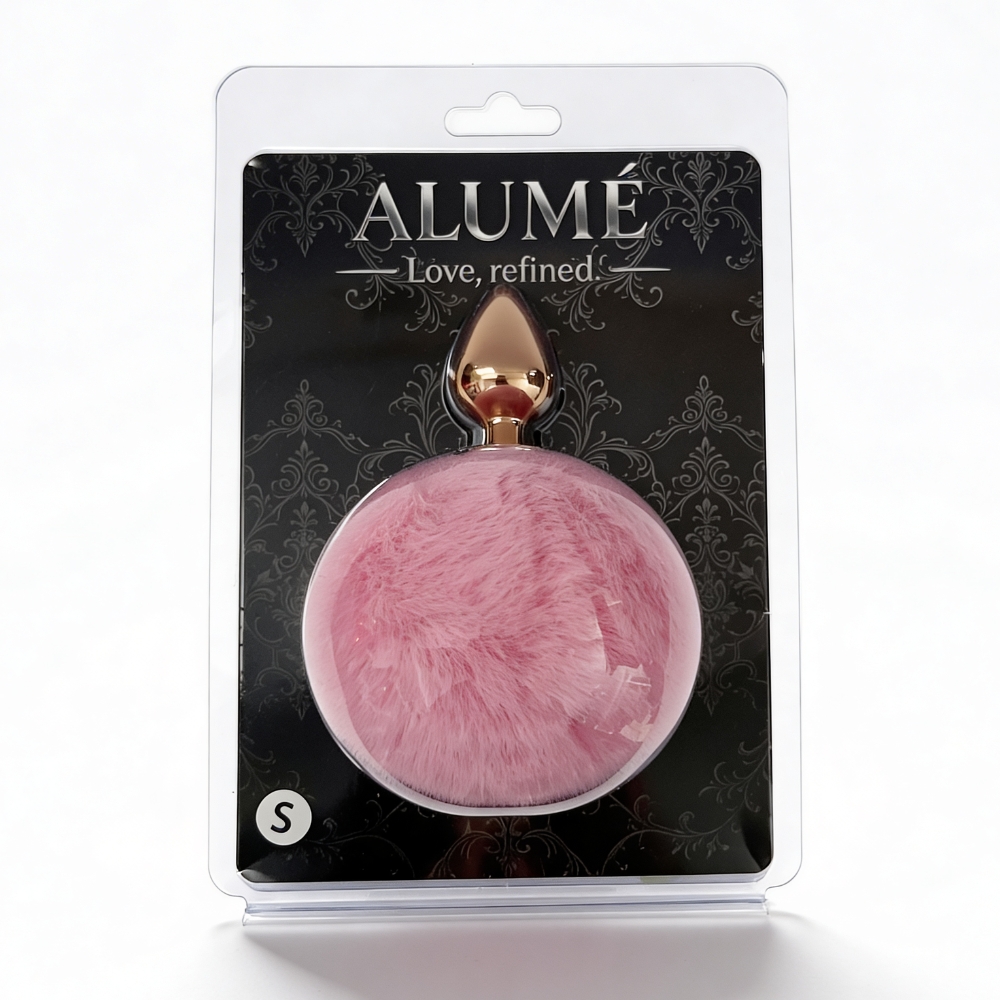 Анальные игрушки без вибрации - Анальная пробка ALUME, S, металлическая золотистая с розовым пушком, 7 х 2,8 см 1