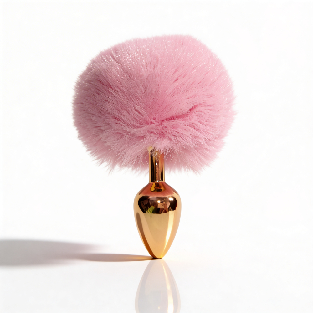 Анальные игрушки без вибрации - Анальная пробка ALUME, S, металлическая золотистая с розовым пушком, 7 х 2,8 см 3