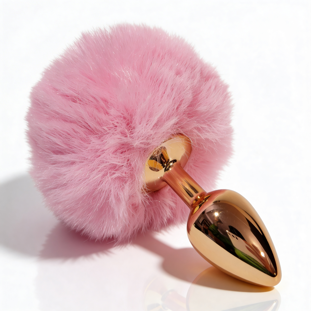 Анальные игрушки без вибрации - Анальная пробка ALUME, S, металлическая золотистая с розовым пушком, 7 х 2,8 см 6